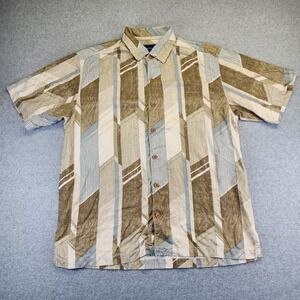 Tommy Bahama Silk Button Up Shirt Brown Green Blue‎ Geometric Print Mens Size L